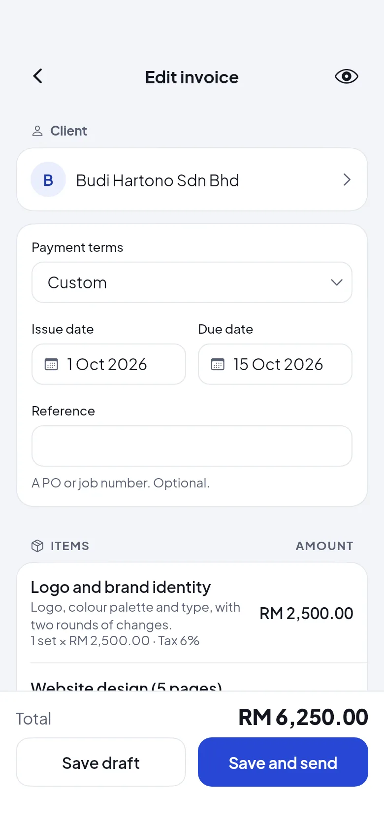 Edit invoice: the client Budi Hartono Sdn Bhd, payment terms, issue and due dates, the items, and a total of RM 6,250.00.