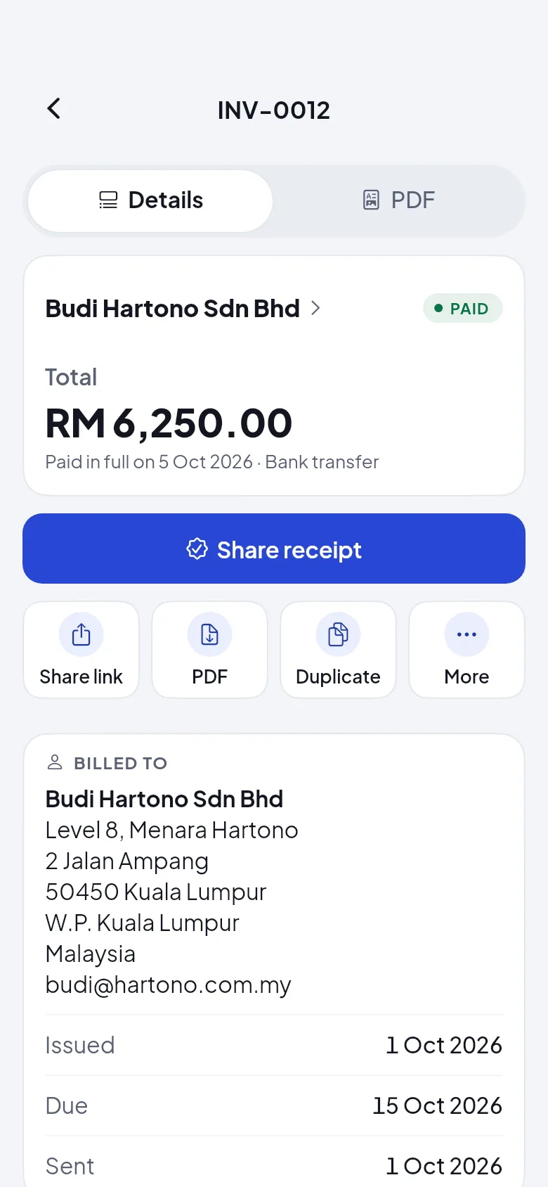 INV-0012 marked Paid: RM 6,250.00 paid in full on 5 October 2026, with Share receipt.