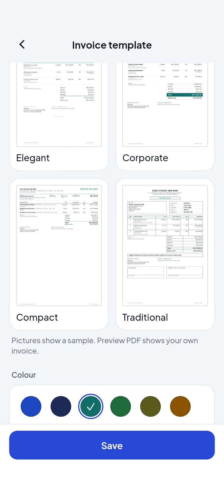 Choosing a template in the app: the eight designs side by side, with the current one ticked.