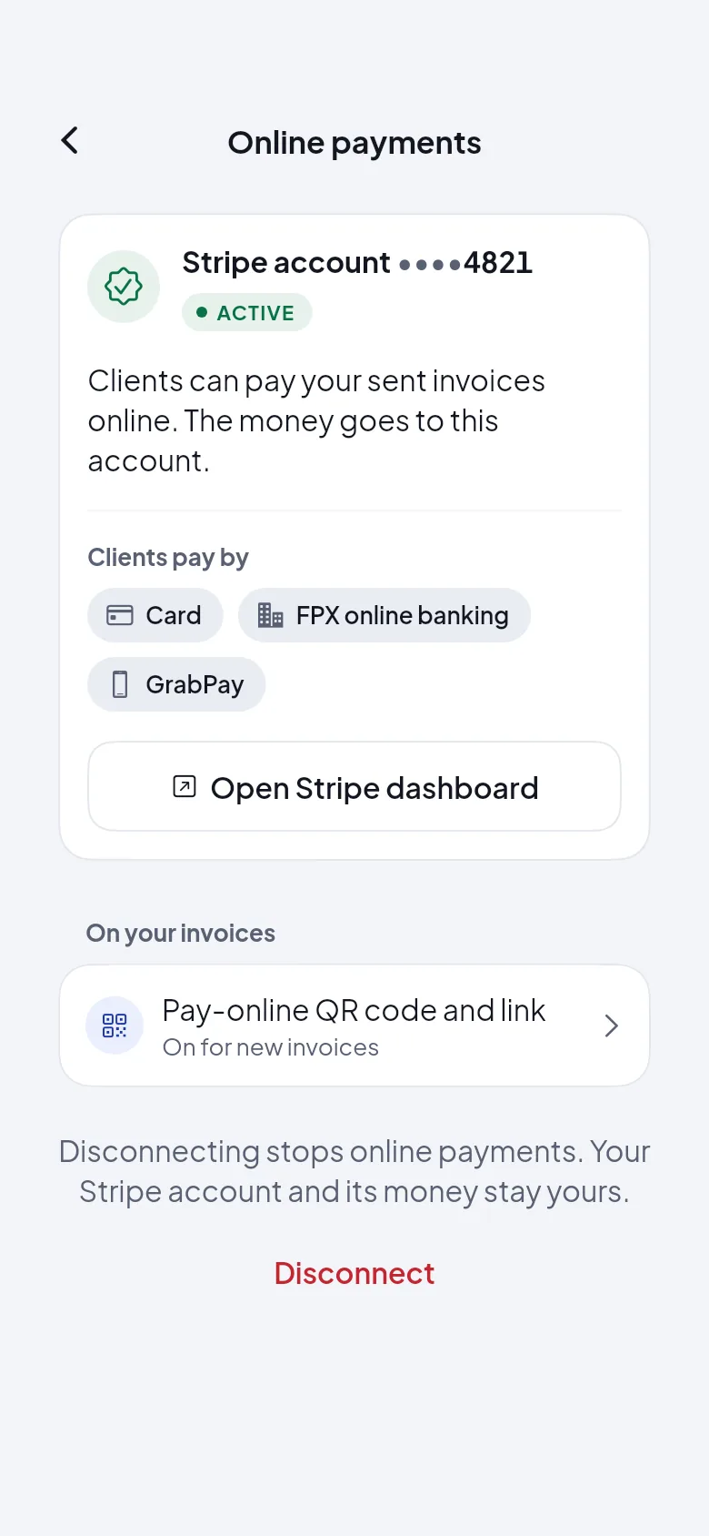 Online payments in HelloBill: the Stripe account connected and taking payments by card, FPX and GrabPay.