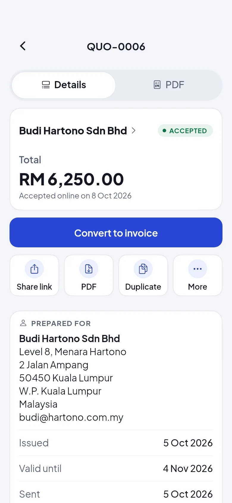 QUO-0006 for RM 6,250.00, accepted online by the client on 8 October 2026, with Convert to invoice.