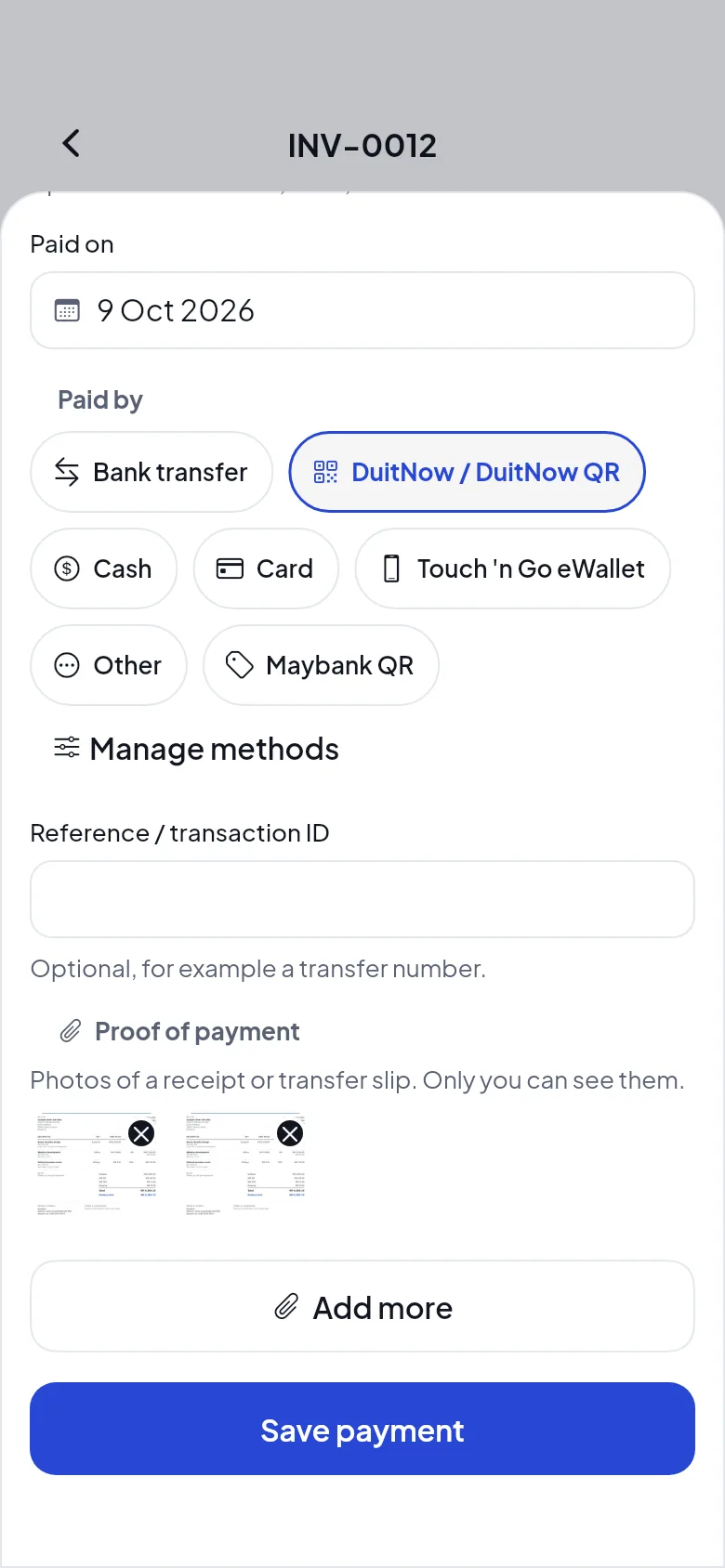 Recording a payment paid by DuitNow QR, with two photos of the transfer slip as proof.