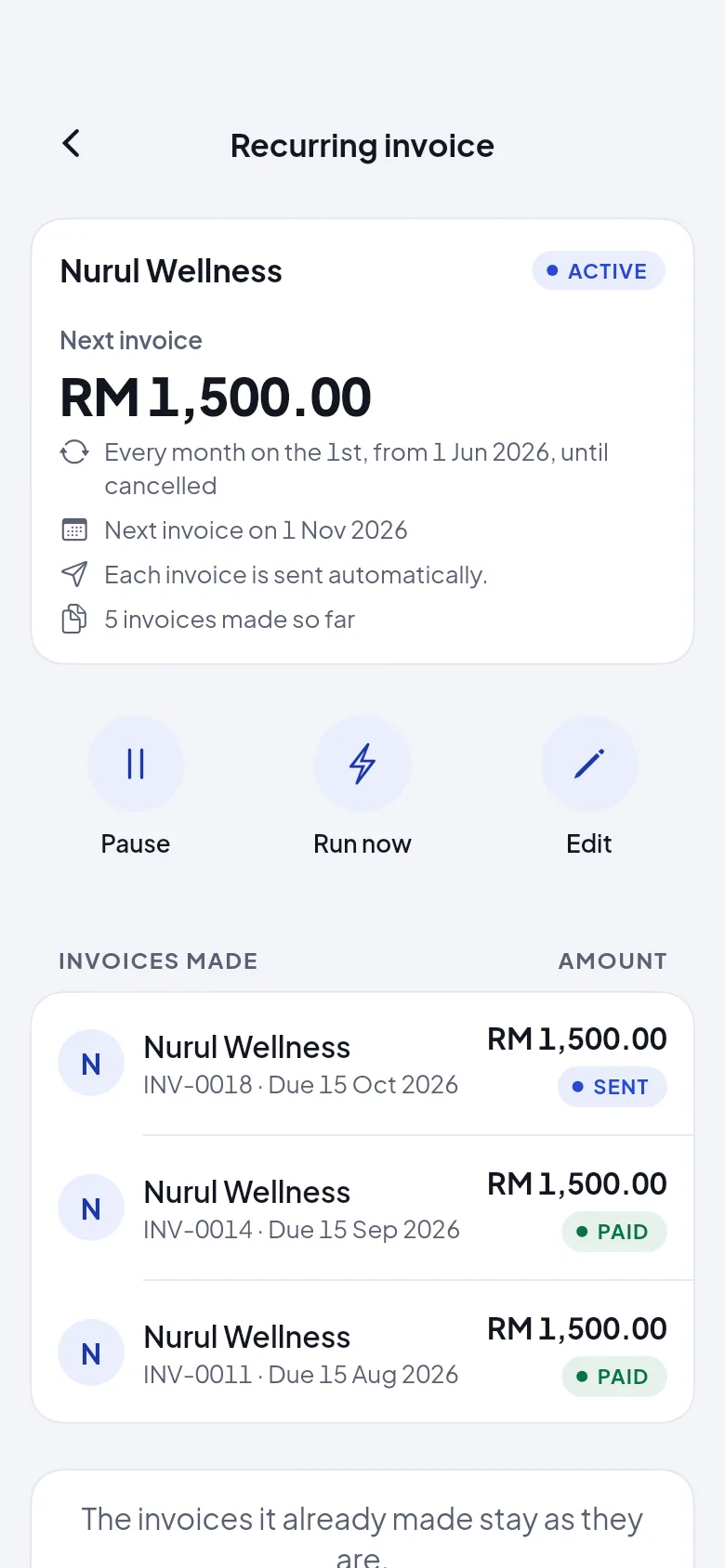 A recurring invoice for Nurul Wellness: RM 1,500.00 every month on the 1st, sent automatically, five invoices made so far.