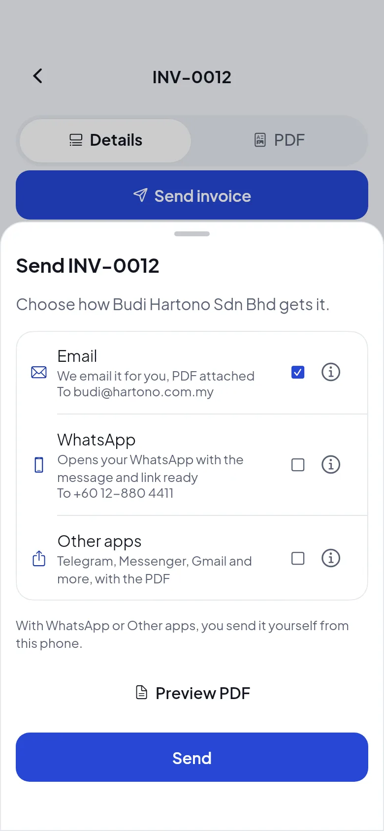 Send INV-0012: by email with the PDF attached, by WhatsApp, or with other apps such as Telegram.