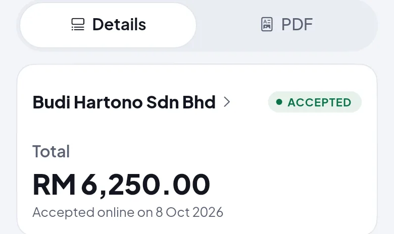 A quote for RM 6,250.00 that the client accepted online.