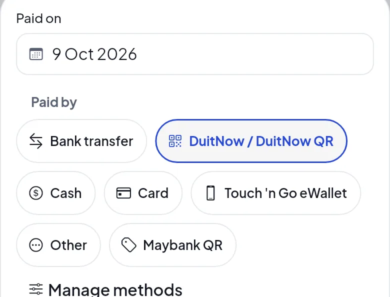 Recording a payment: bank transfer, DuitNow QR, cash, card, Touch 'n Go eWallet or another method.