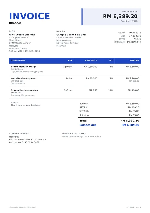 The Bold invoice template in ink blue.
