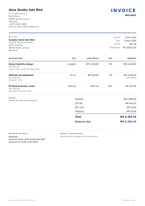 The Classic invoice template in ink blue.
