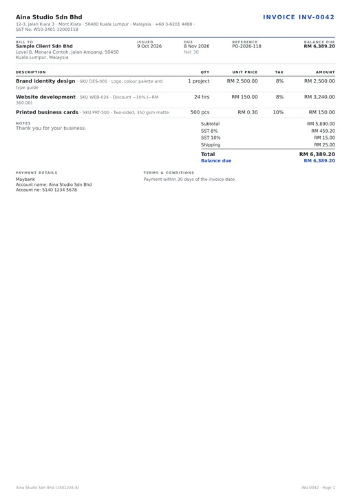 The Compact invoice template in ink blue.