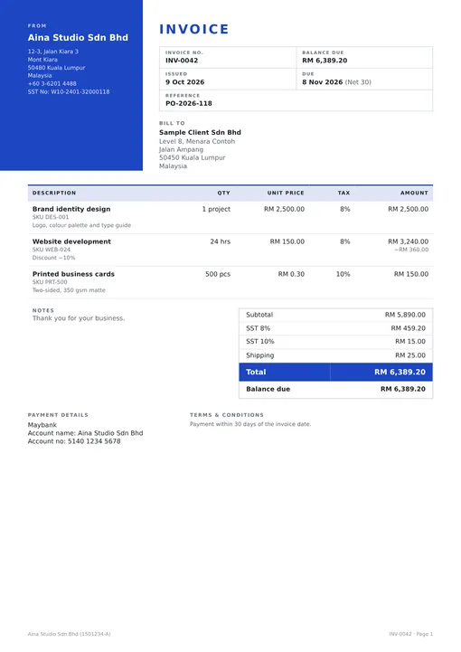 The Corporate invoice template in ink blue.