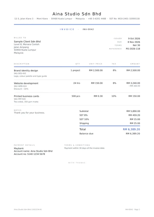 The Elegant invoice template in ink blue.