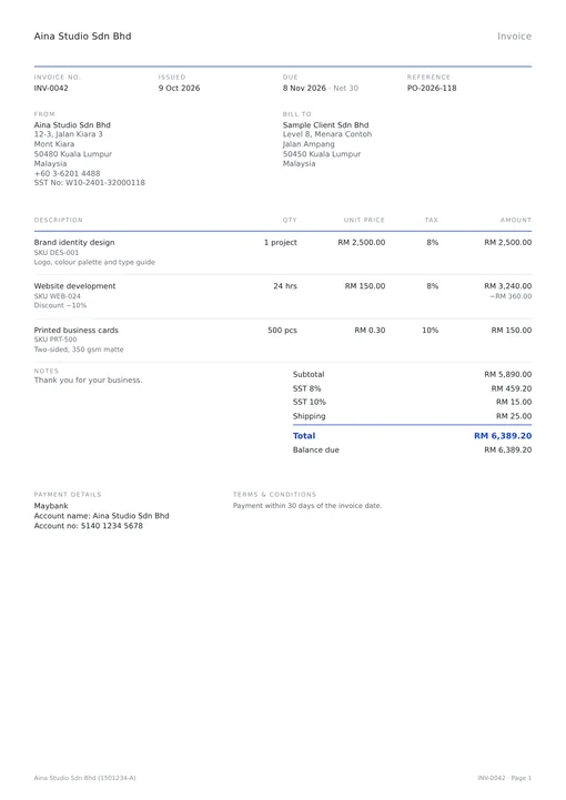 The Minimal invoice template in ink blue.