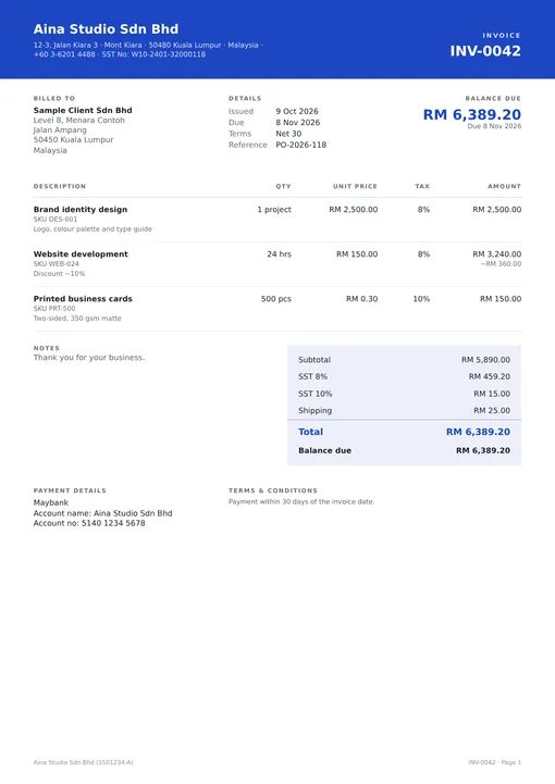 The Modern invoice template in ink blue.