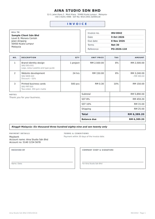 The Traditional invoice template in ink blue.
